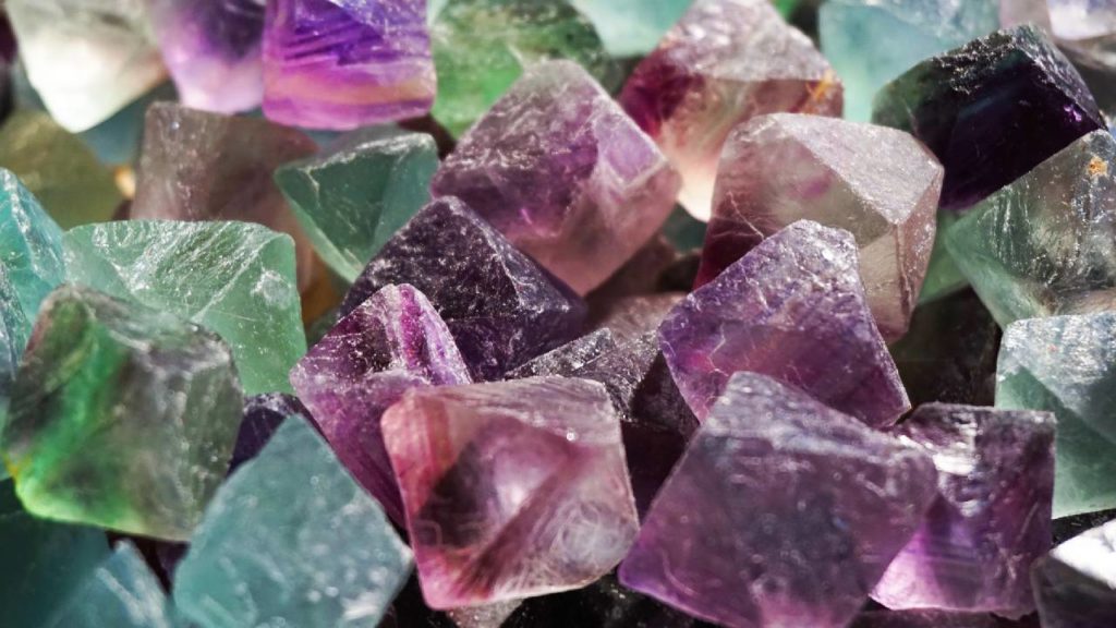 Close up of rough fluorite minerals