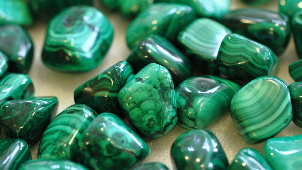 Close up of polished malachite stones