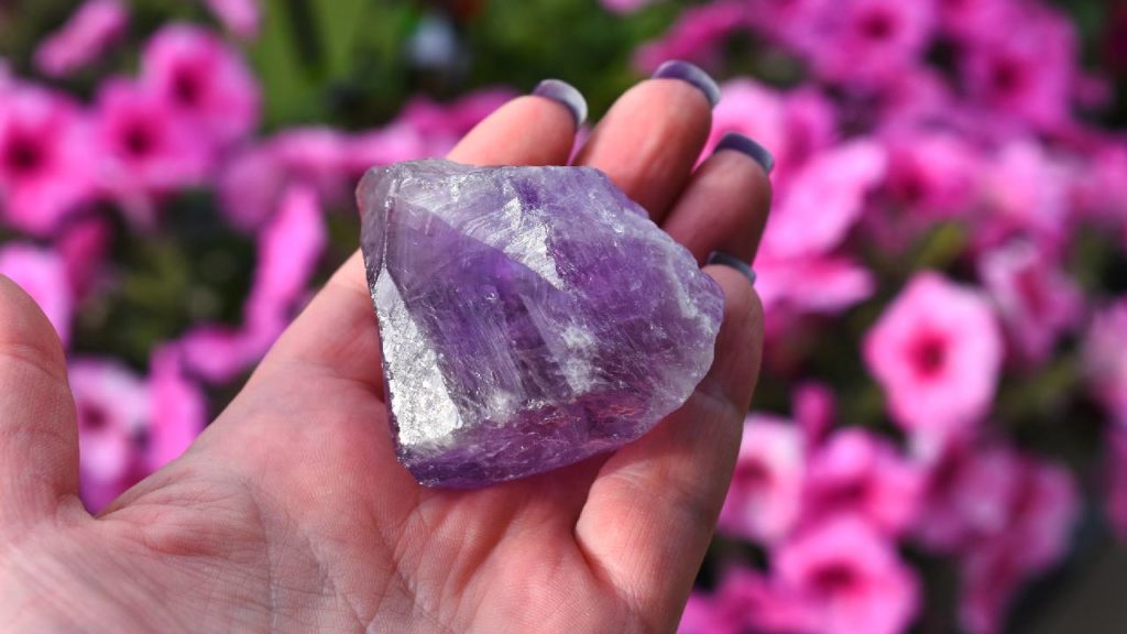 Holding an uncut amethyst crystal with flowers background