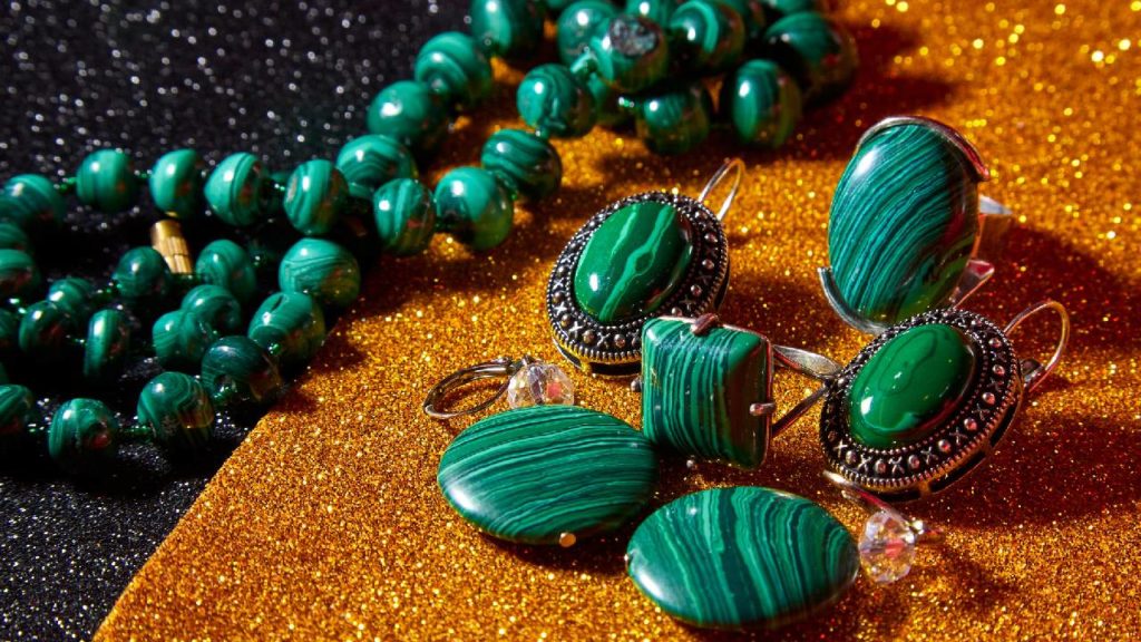 Close up of malachite jewelry