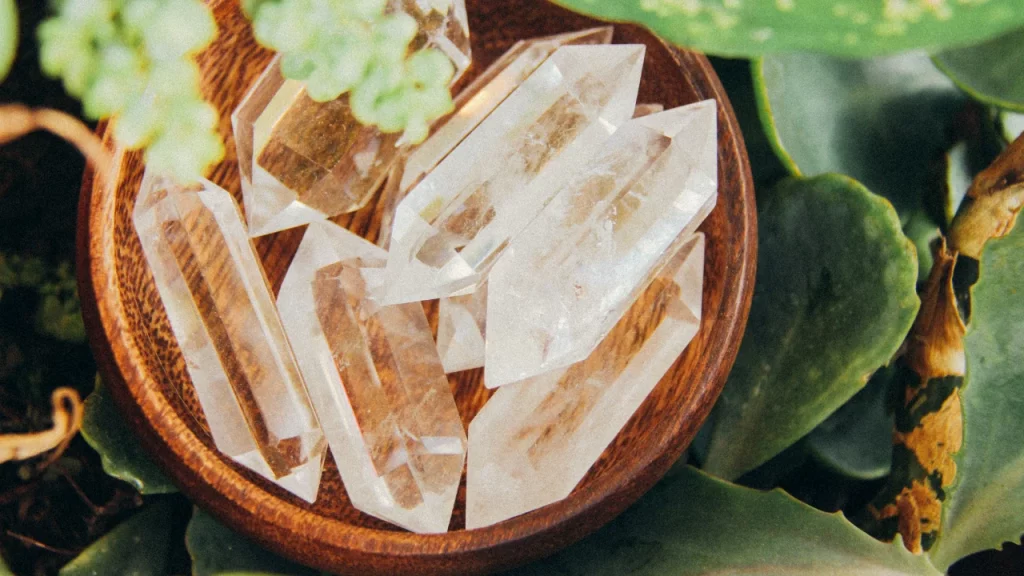 Clear quartz crystals in bowl