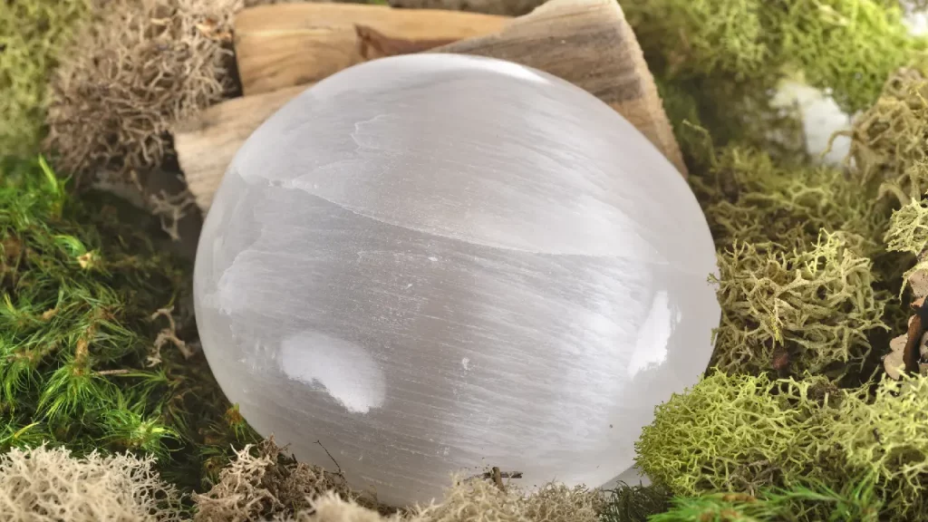 Polished selenite crystal on moss background