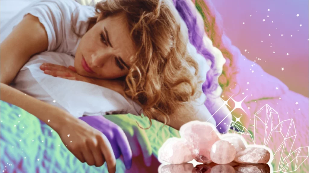 Woman lying on bed with crystals