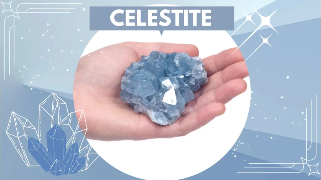 Hand holding celestite crystal for patience