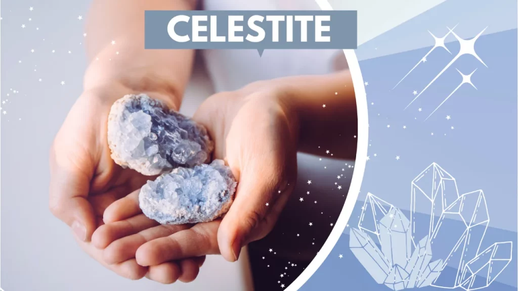 Hands holding celestite crystals