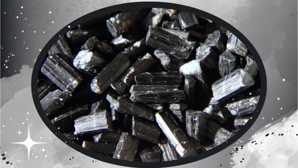 Close up of rough black tourmaline crystals