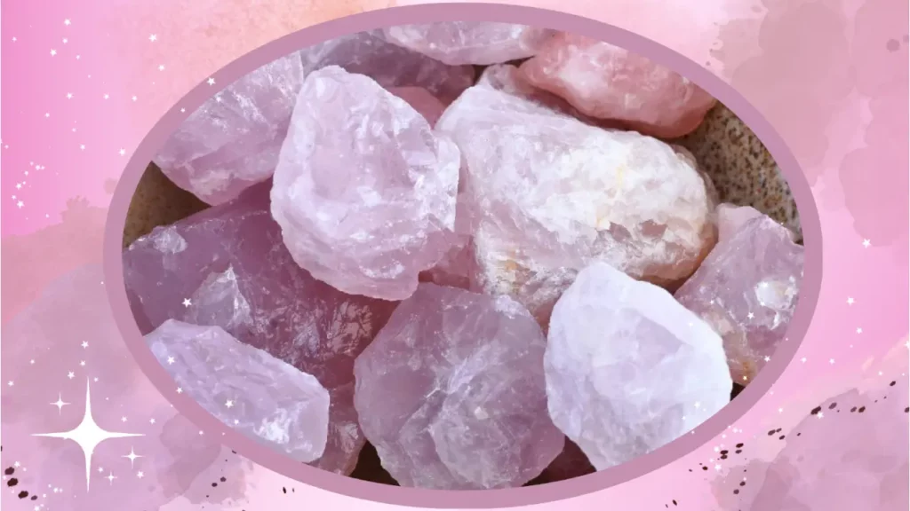 Bowl of pink rose quartz crystals